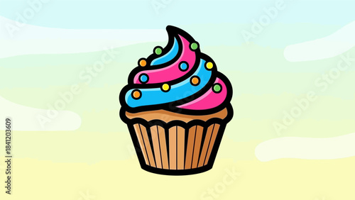Colorful Cupcake with Pink and Blue Frosting and Sprinkles.