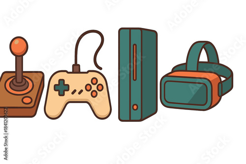 Different types of gaming devices seen in a simple drawing showing a joystick, game controller, console, and virtual reality headset