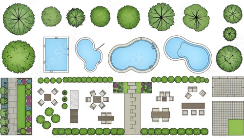 Garden and pool design elements on with various shapes