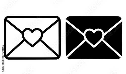 Icon for Valentine, love letter illustration, black and white, outline and silhouette versions