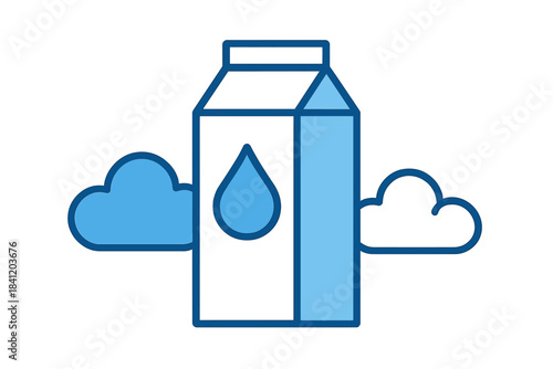 Milk carton with blue drops and clouds in a simple design on a white background shown in a creative art style