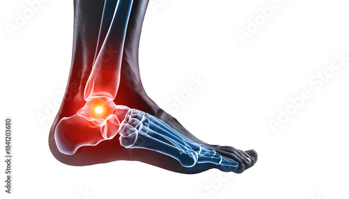 Human foot and ankle joint x-ray with red glow indicating pain inflammation or injury for orthopedic medicine podiatry and sports injury rehabilitation concept isolated on a white surface