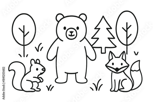 Animals gather in the forest with a bear, a squirrel, a fox, and trees during the day