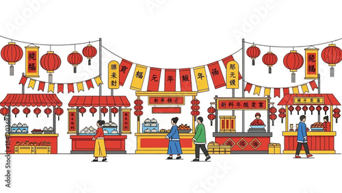 Vibrant Lunar New Year Market Scene with Red Lanterns and Festivities