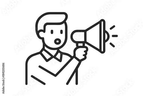 Man holding a megaphone speaking to a group of people in a public area during daytime