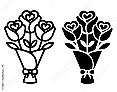 Icon for Valentine, beautiful bouquet illustration, black and white, outline and silhouette versions