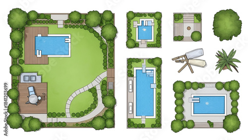 Various backyard swimming pool designs and garden elements