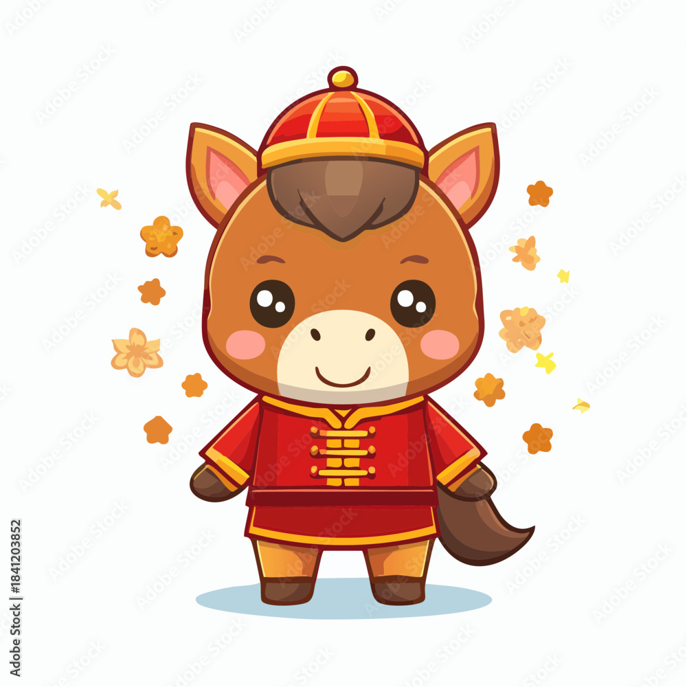 Obraz premium A cute cartoon horse character wearing traditional red Chinese New Year attire with golden decorations.