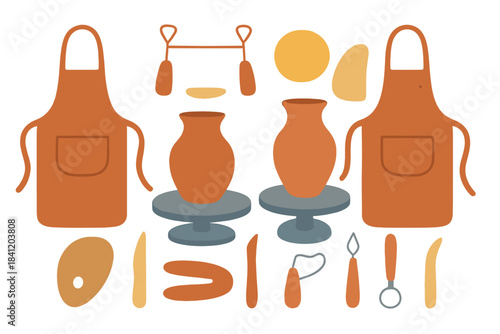 Clays, tools, and pots arranged on a table showing the process of pottery making in a workshop setting