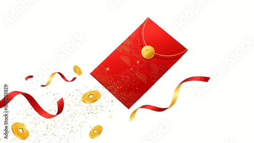 Red Envelope with Gold Coins and Ribbons Celebratory Illustration