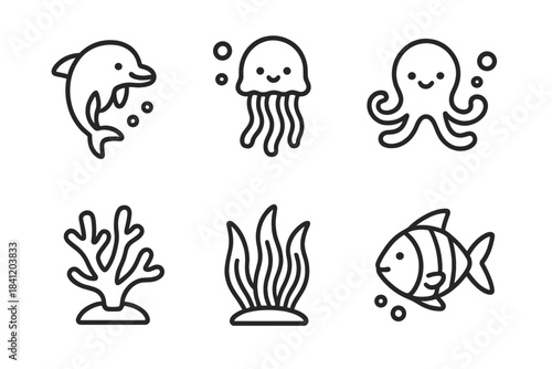 Line drawings of marine animals and plants in simple style for educational purposes and fun activities