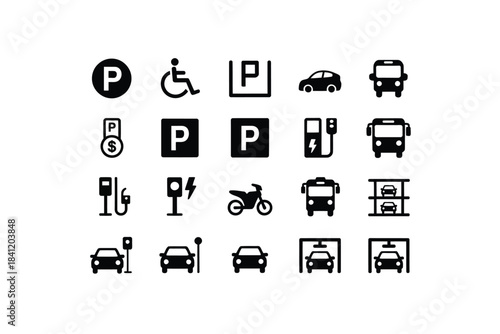 Collection of parking and transportation icons for navigation and information