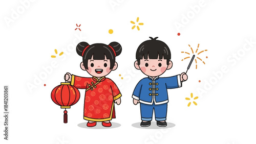 Cheerful Children Celebrating Chinese New Year with Lantern and Sparkler