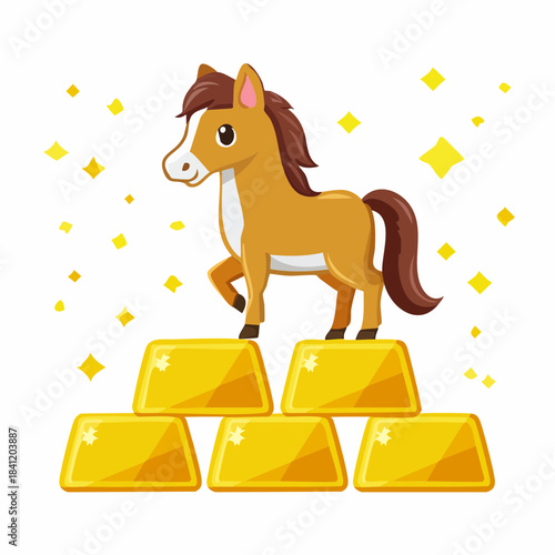 A cute cartoon horse standing on a stack of shiny gold bars with golden sparkles.