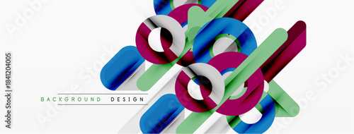 Abstract colorful shapes overlap, creating dynamic composition. Modern design elements suggest innovation, energy, visual appeal.