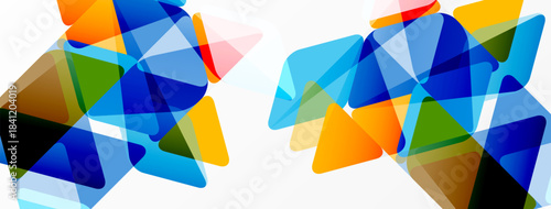 Abstract geometric shapes overlap, creating vibrant color blends. Blue, orange, green hues dominate composition. Modern design element.