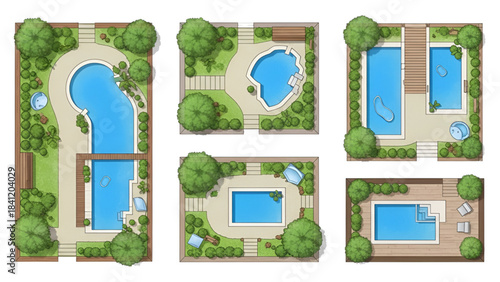 Five different swimming pool designs with landscaping and trees around them