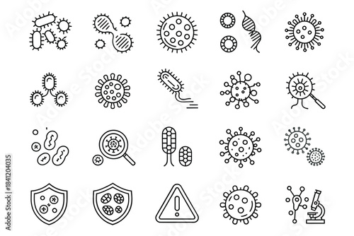 Collection of hand drawn icons representing viruses bacteria and medical concepts