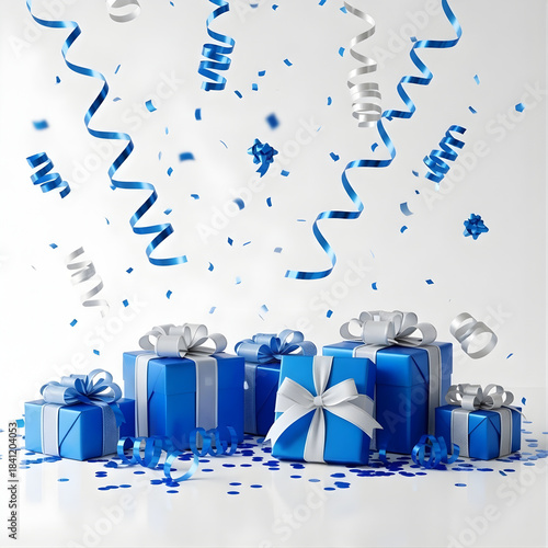 Blue Luxury Celebration with Falling Confetti and Gift Boxes