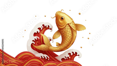 Golden Koi Fish Leaping Over Red Waves Symbol of Prosperity and Fortune