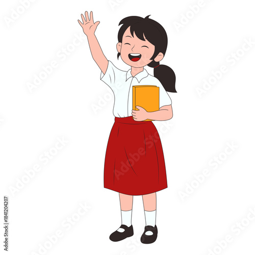 Happy schoolgirl in uniform waving and holding books, ready for class