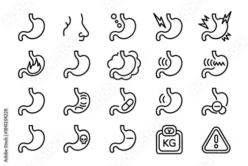 Collection of hand drawn stomach icons illustrating various conditions and symptoms