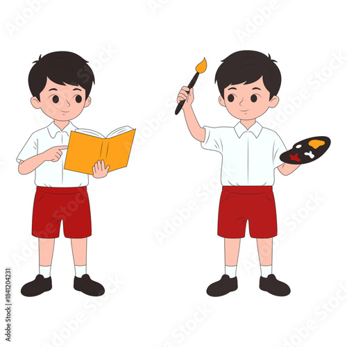 Young schoolboys engaged in educational and creative activities, one reading a book and the other painting with a brush and palette.