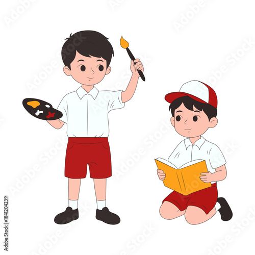 Elementary school boys engaged in diverse learning activities, with one painting using a brush and palette, and the other reading a book.