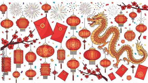Festive Lunar New Year Celebration with Dragon, Lanterns, and Red Envelopes