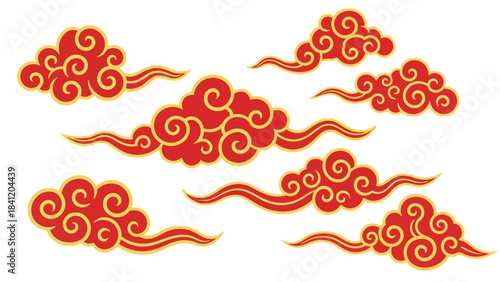 Intricate Red and Gold Asian-Inspired Cloud Designs