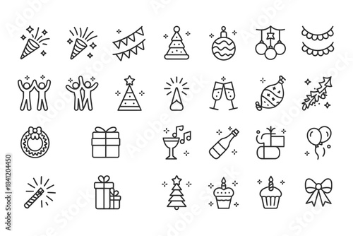 Celebration icons party hats gifts fireworks and festive decorations