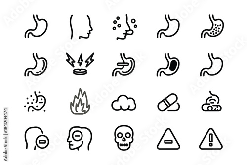 Collection of simple line icons representing health danger and illness