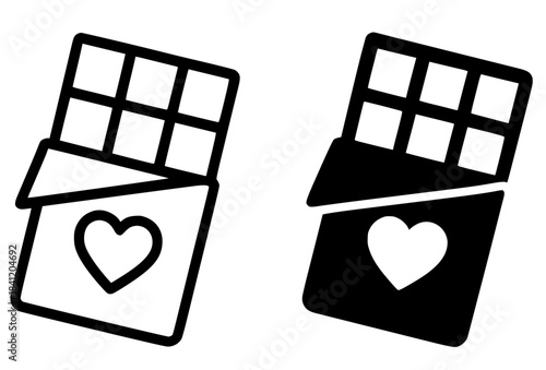 Icon for Valentine, chocolate bar illustration, black and white, outline and silhouette versions