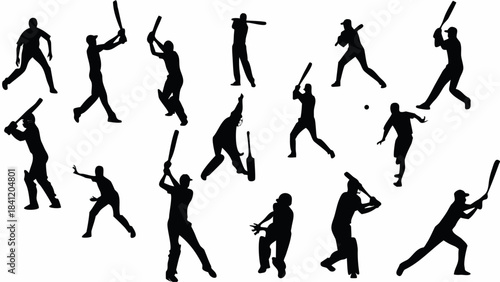 Collection of black silhouette vector icons depicting various dynamic actions of cricket players batting and fielding