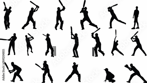 Collection of black silhouette vector icons depicting various dynamic cricket batting and fielding poses