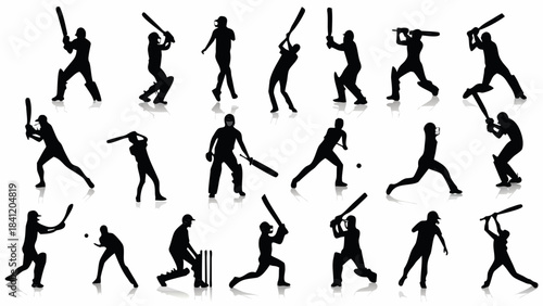 Collection of diverse cricket player batting action silhouettes demonstrating various striking poses and techniques