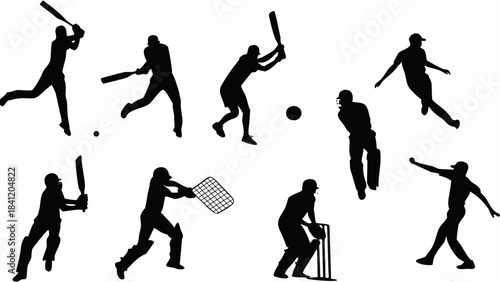 Collection of black silhouette icons depicting various dynamic actions in the sport of cricket game