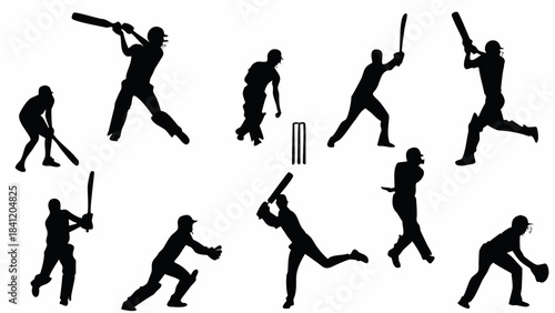 Collection of black silhouette icons depicting various dynamic actions of cricket players batting bowling and fielding