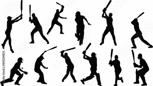 Collection of black and white cricket player silhouettes showing various batting and fielding actions in sport