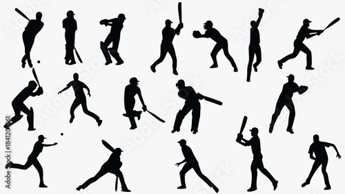 Collection of black silhouette icons depicting various dynamic actions of cricket players in a pattern