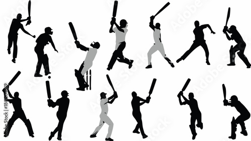 Collection of diverse cricket player batting silhouettes in action poses for sports design projects