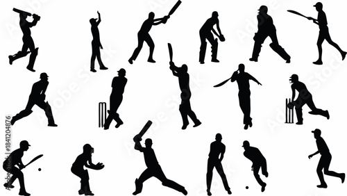 Collection of black silhouette icons depicting various actions and poses of cricket players in motion