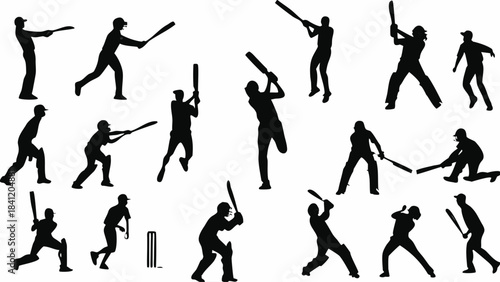 Collection of black silhouette icons depicting various cricket players batting bowling and fielding actions