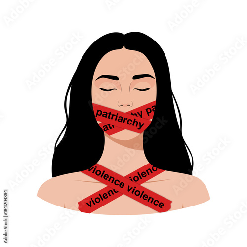 Woman silenced by patriarchy and violence — feminist concept illustration
