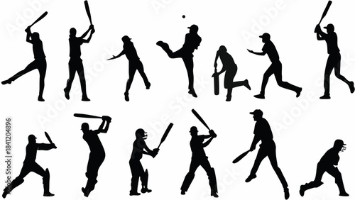 Collection of black silhouette vector graphics depicting various dynamic cricket player actions and batting poses