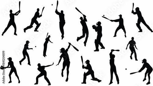 Collection of black silhouette icons depicting various actions in baseball and cricket sports games