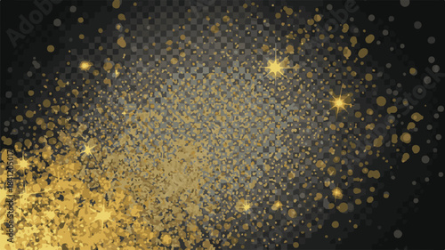 Transparent background with scattered gold glitter particles and sparkling starbursts vector illustration
