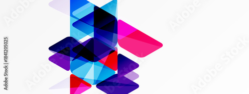 Abstract geometric shapes overlap, creating vibrant color blends. Composition features translucent layers, dynamic design.