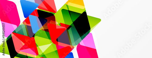 Abstract geometric shapes overlap, creating vibrant colorful composition. Bright hues contrast with white space. Modern design element.