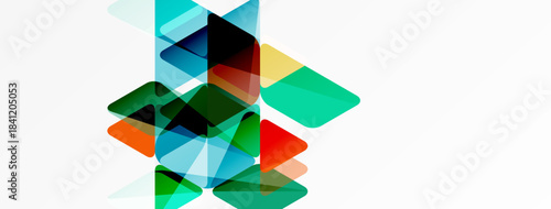 Abstract geometric shapes overlap, creating vibrant color blends. Transparency adds depth, forming modern visual composition.